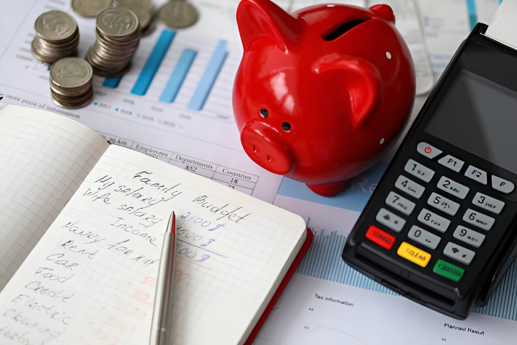 red piggy bank, calculator, and family budget planner