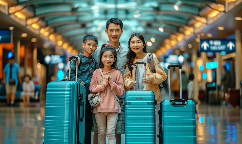 parents and two kids with luggage in an airport